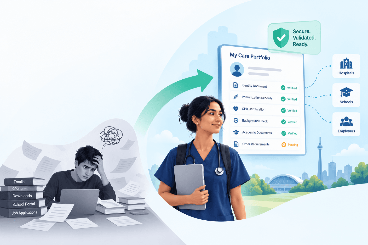 Scattered documents becoming one organized CareCard Portfolio shared with hospitals, schools, and employers