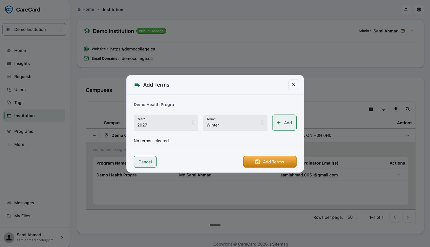 Add Terms dialog for a program, with Year and Term dropdowns, an Add button, No terms selected, and an Add Terms save button