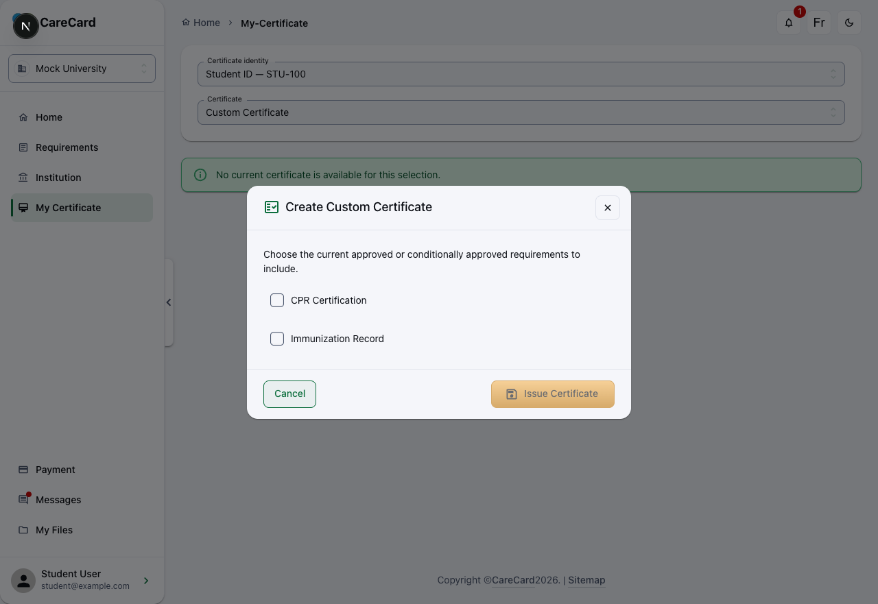 Create Custom Certificate dialog listing requirements as checkboxes, with Cancel and Issue Certificate buttons