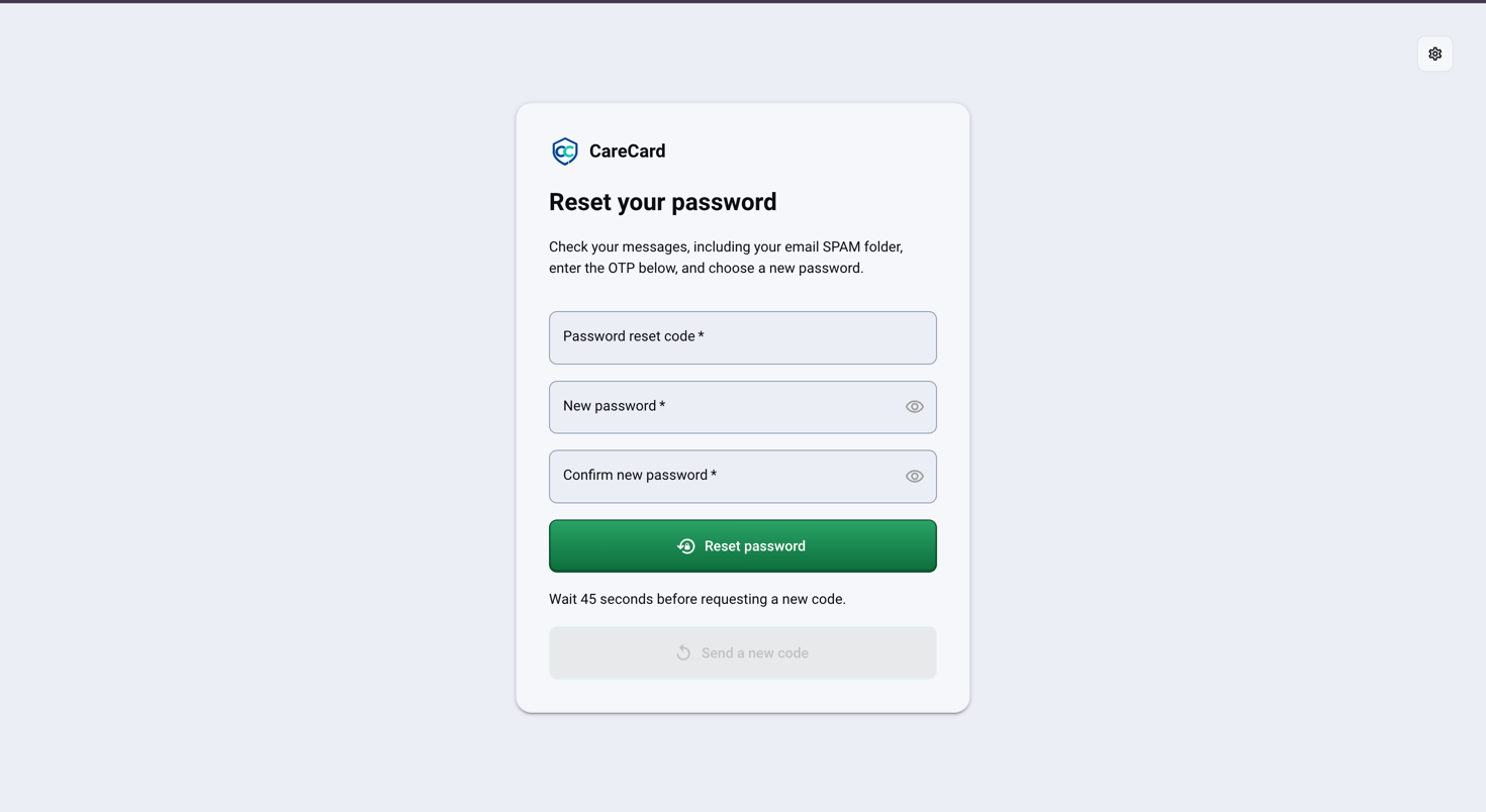 CareCard Reset your password page with a Password reset code field, New password and Confirm new password fields, a Reset password button, and a resend timer