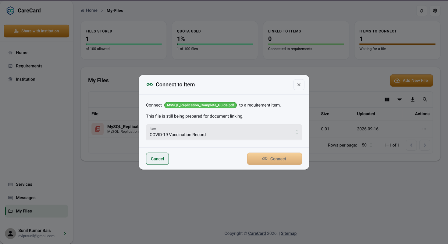 Connect to Item dialog naming the file, an Item dropdown of open requirements, and Cancel and Connect buttons
