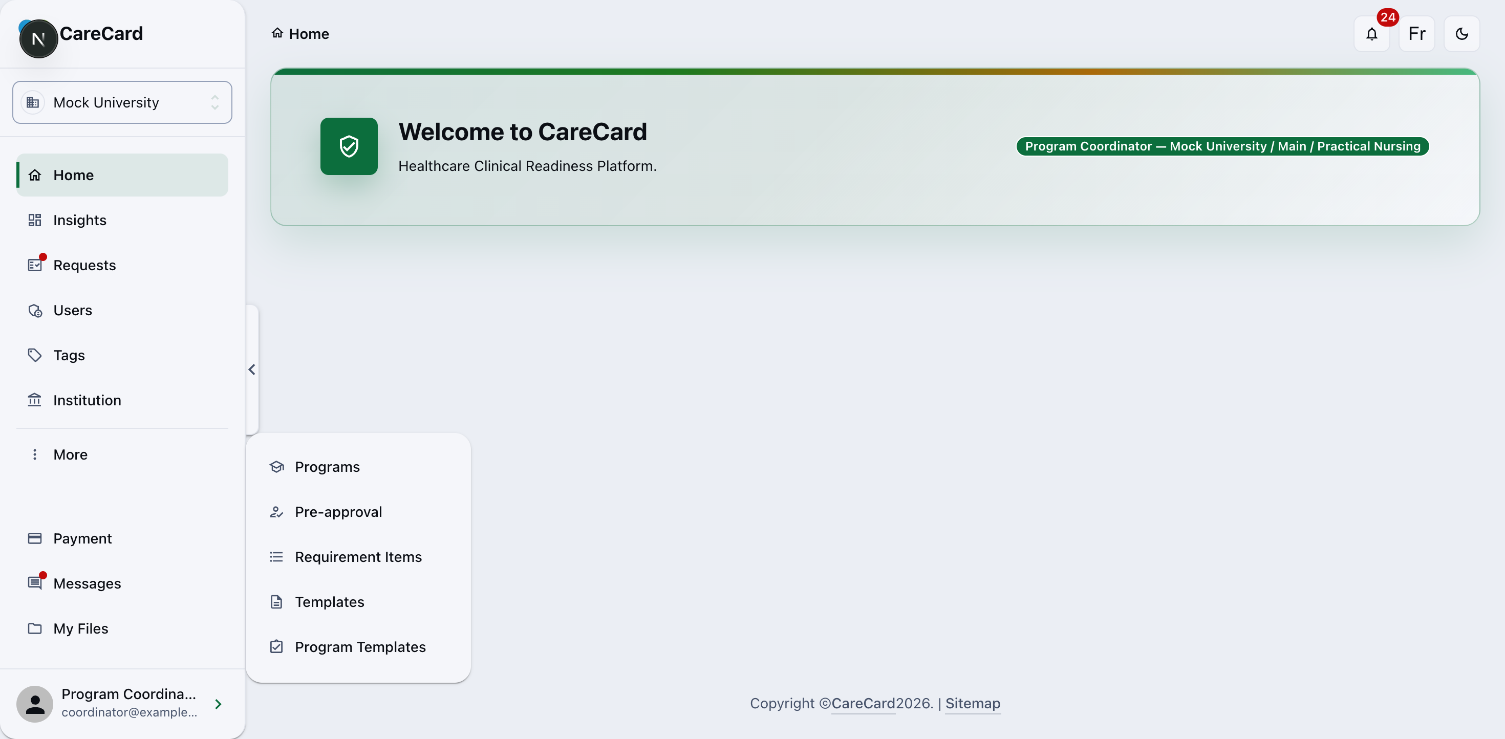 CareCard side menu with the More popover open, showing Programs, Pre-approval, Requirement Items, Templates, and Program Templates