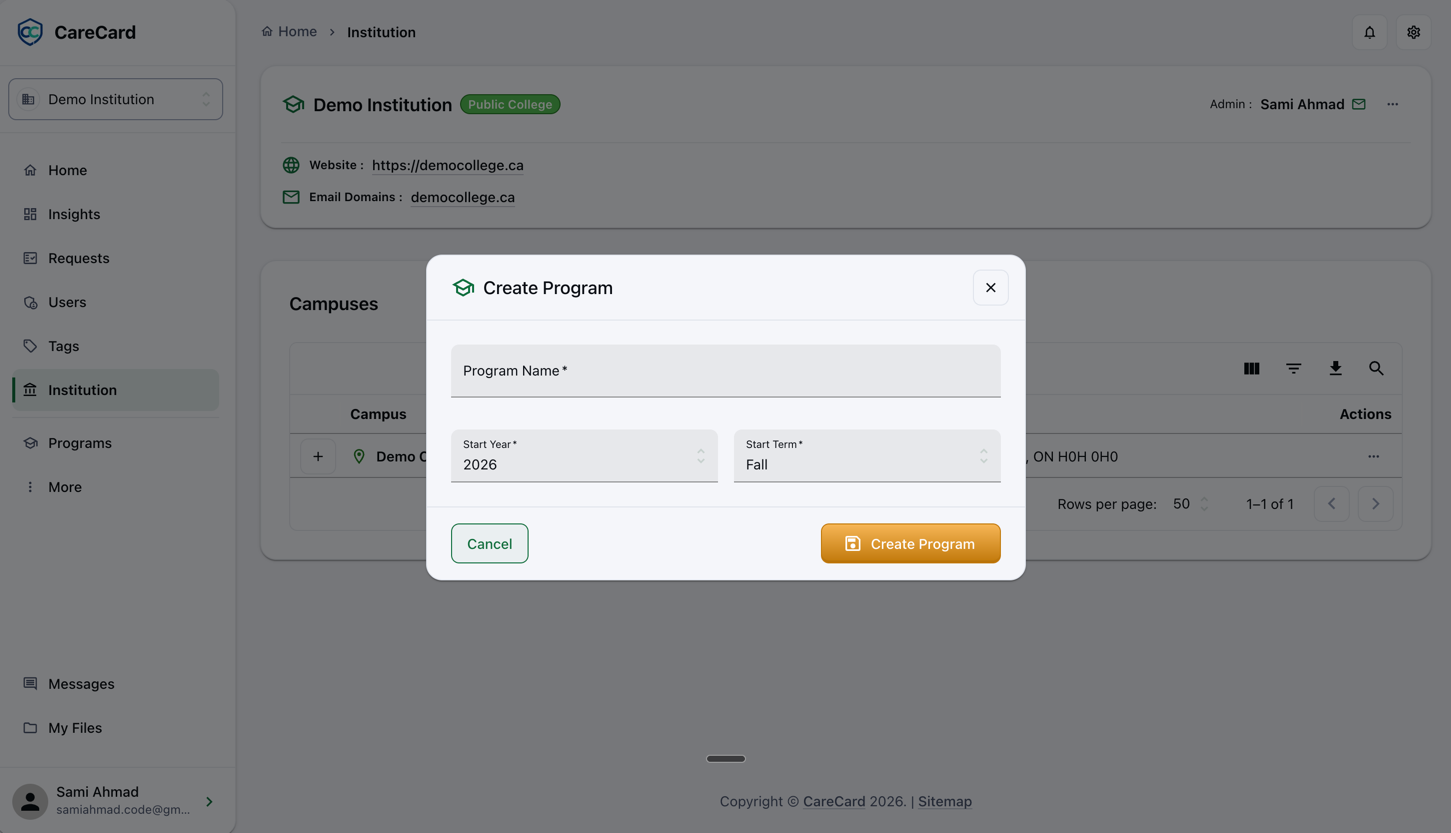 Create Program dialog with Program Name, Start Year, and Start Term fields, and Cancel and Create Program buttons