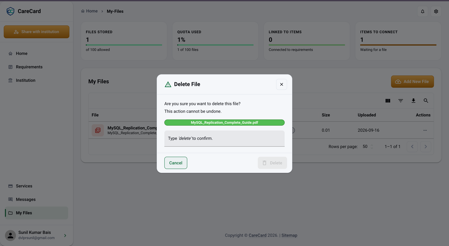 Delete File dialog asking you to type delete to confirm, with Cancel and Delete buttons