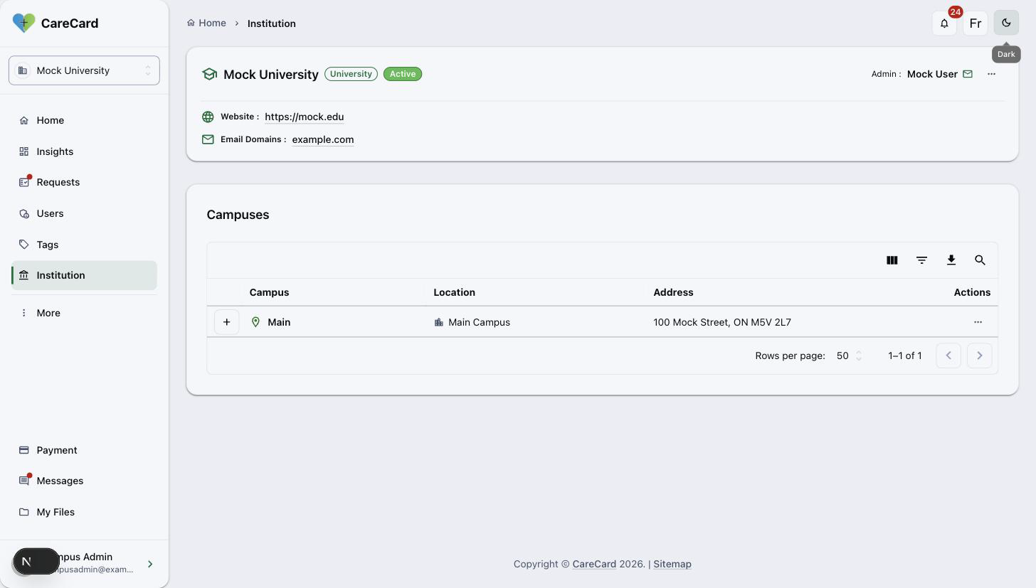 Institution page showing Mock University's details and its campus list