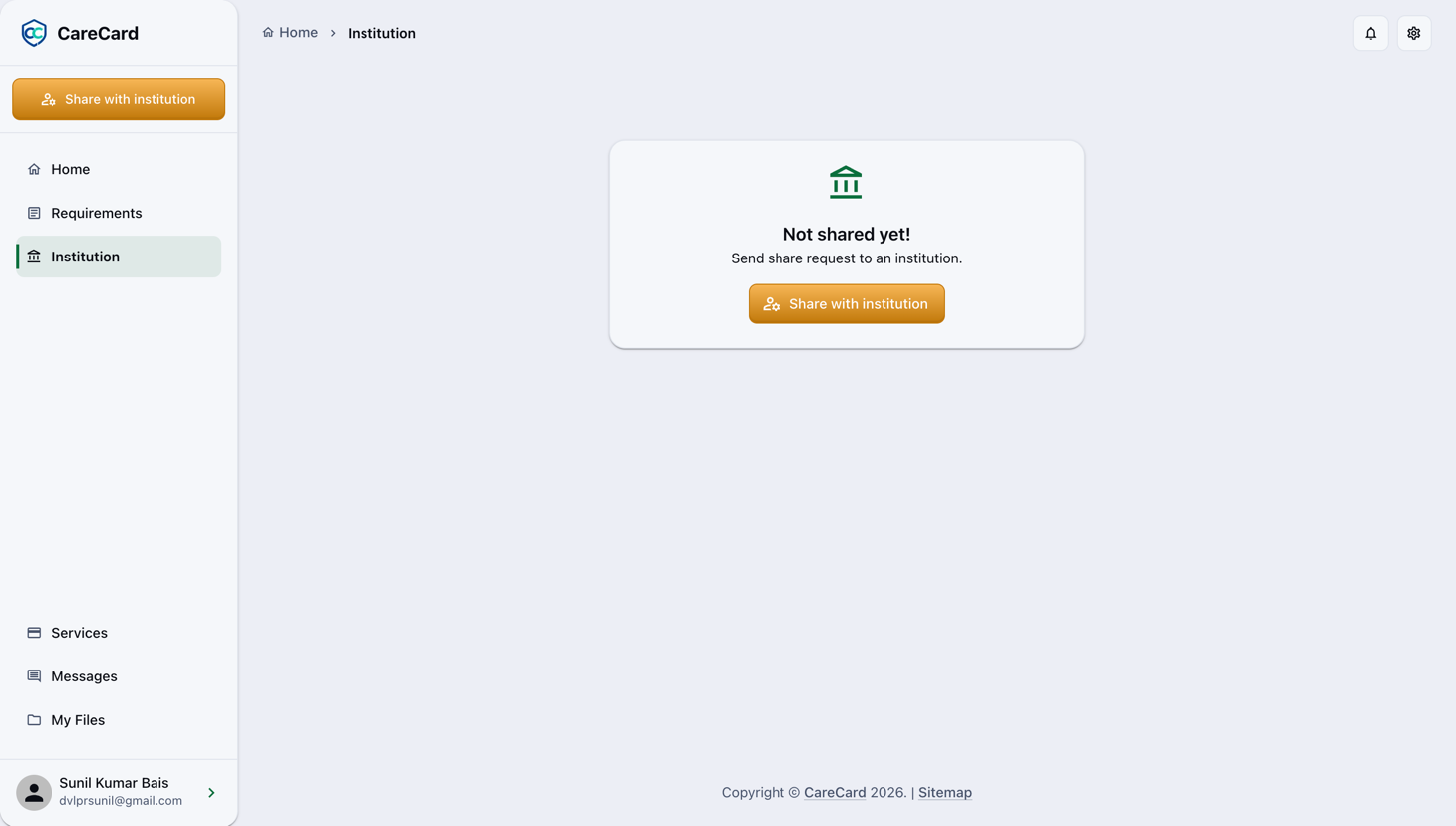 CareCard Institution page empty state: a Not shared yet! card with a Share with institution button, and a Share with institution button at the top of the side menu