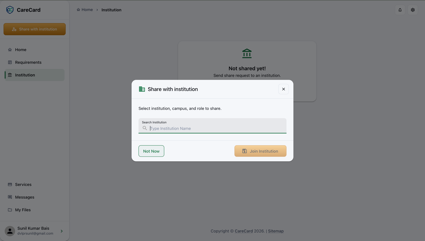 Share with institution dialog: a Search Institution field, and Not Now and Join Institution buttons