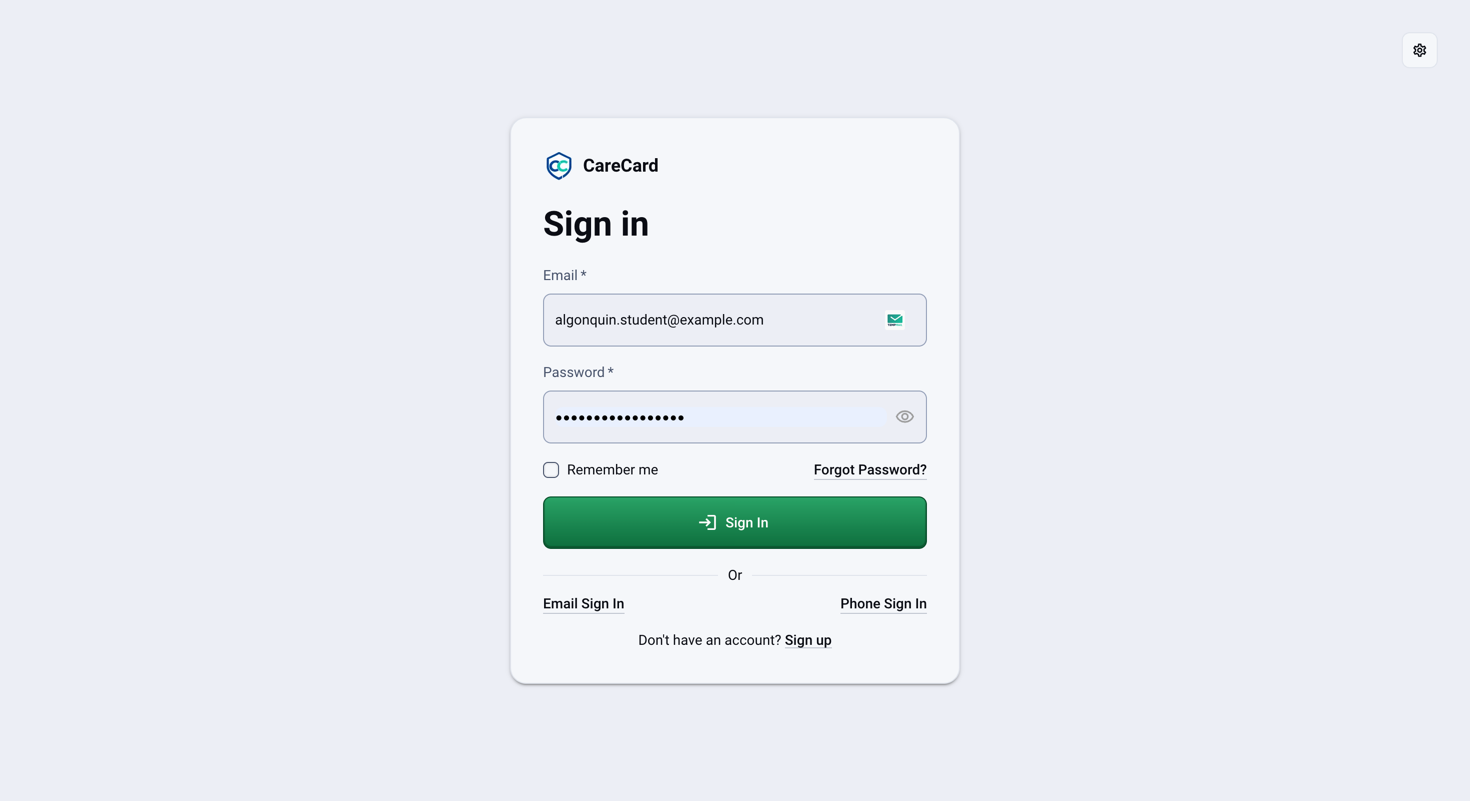 CareCard sign-in form filled in with a sample email address and a masked password, showing Remember me, Forgot Password, Sign In, and Email Sign In / Phone Sign In links