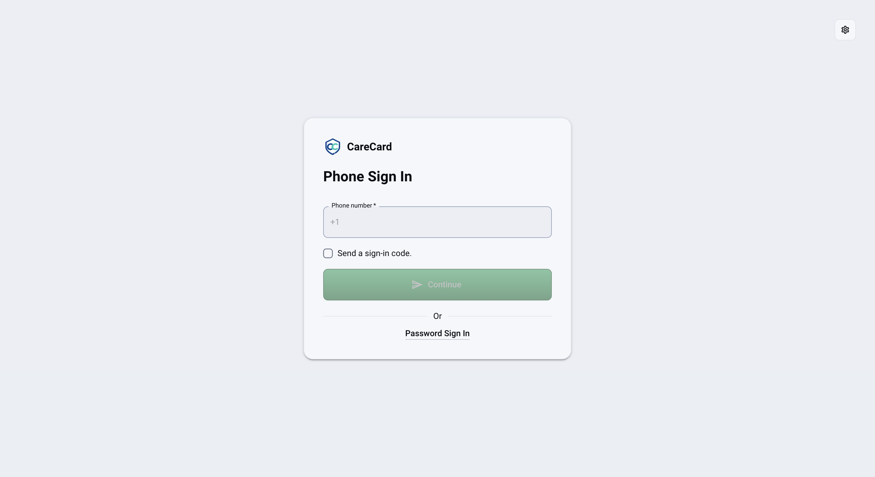 CareCard Phone Sign In page with a Phone number field, a Send a sign-in code checkbox, a Continue button, and a Password Sign In link