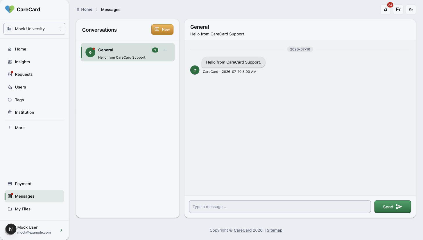Messages page showing a General conversation with a reply from CareCard Support, the Conversations list, and the message box