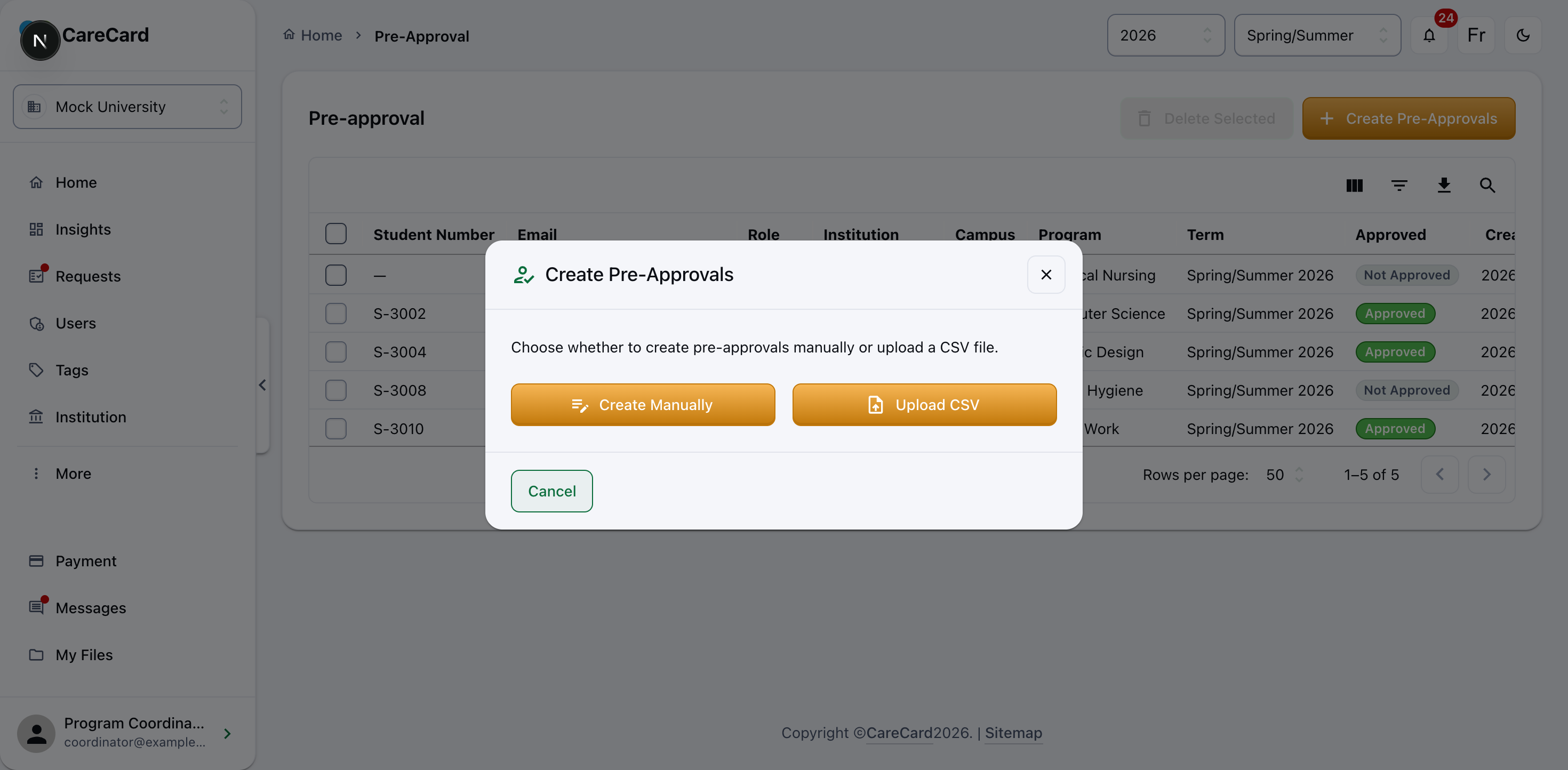 Create Pre-Approvals dialog offering Create Manually and Upload CSV