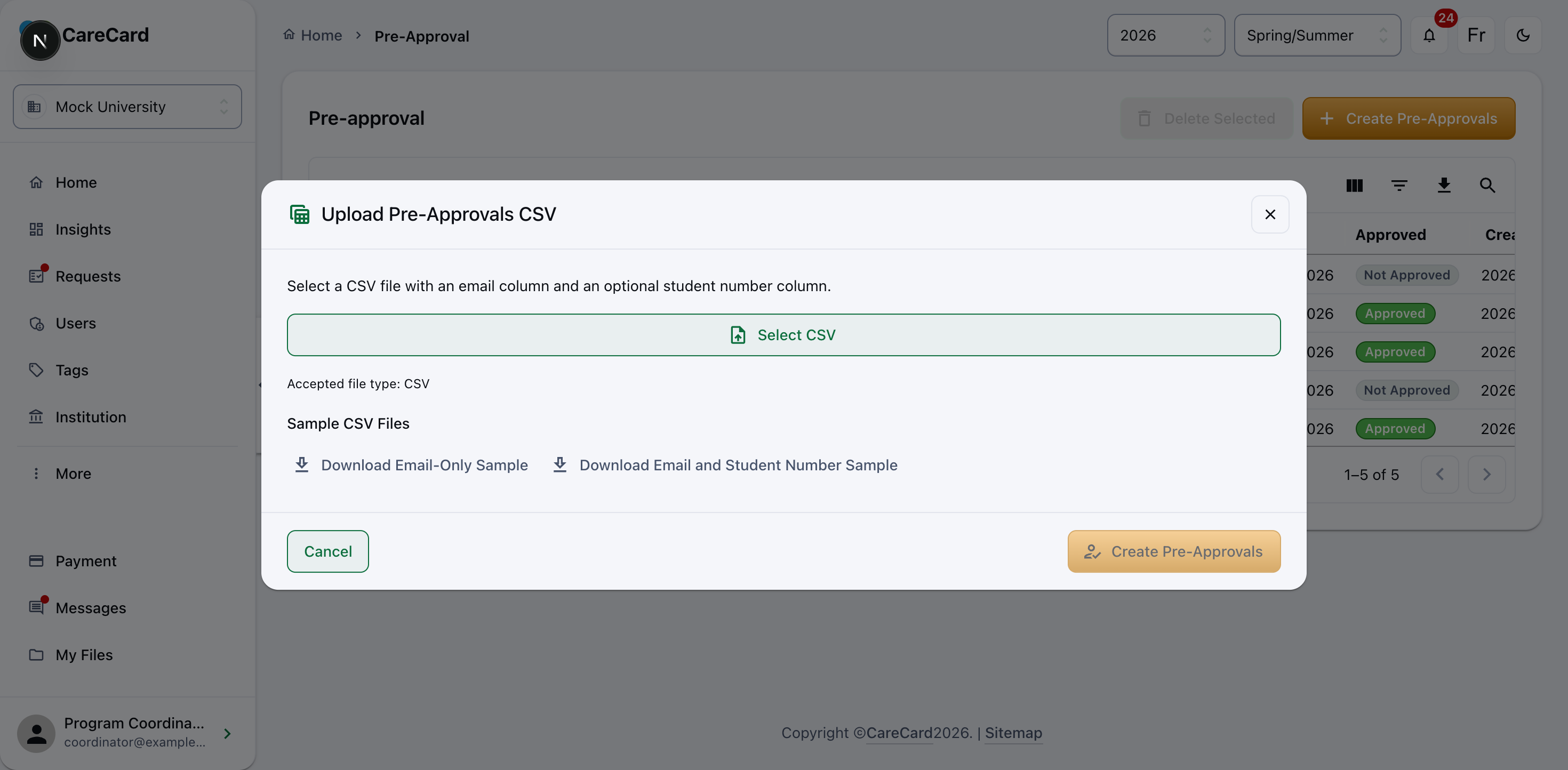 Upload Pre-Approvals CSV dialog with a Select CSV button and two sample-file download links