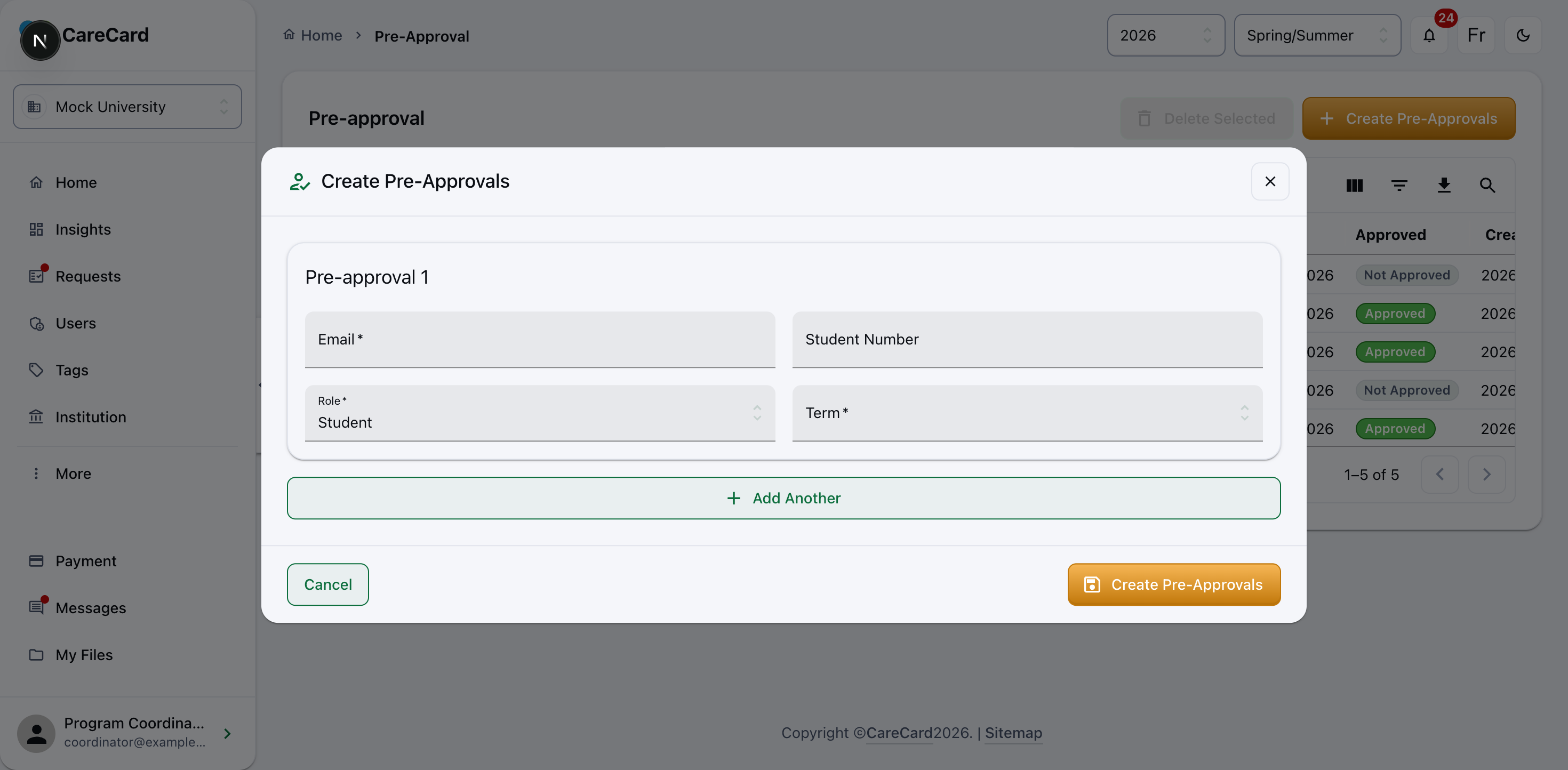 Create Pre-Approvals manual form showing Pre-approval 1 with Email, Student Number, Role, and Term fields and an Add Another button