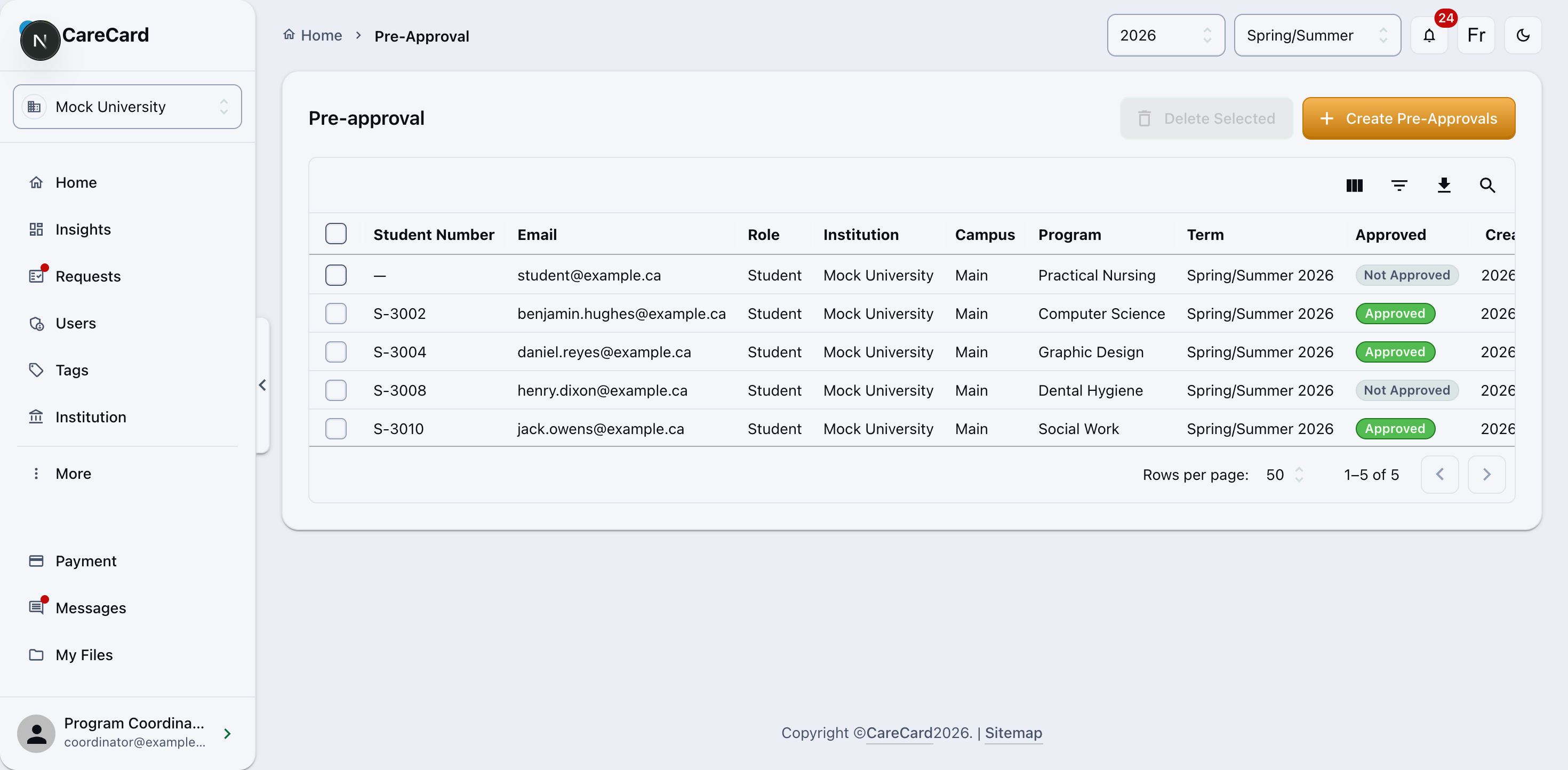 Pre-approval page listing pre-approved people with their student number, email, role, program, term, and Approved or Not Approved status