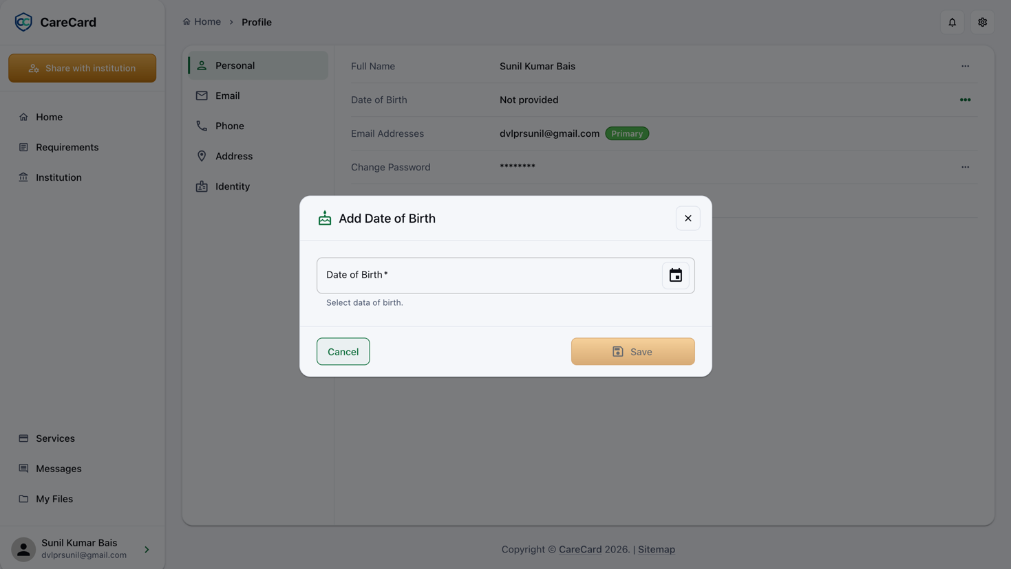 Add Date of Birth dialog with a date field and Cancel and Save buttons