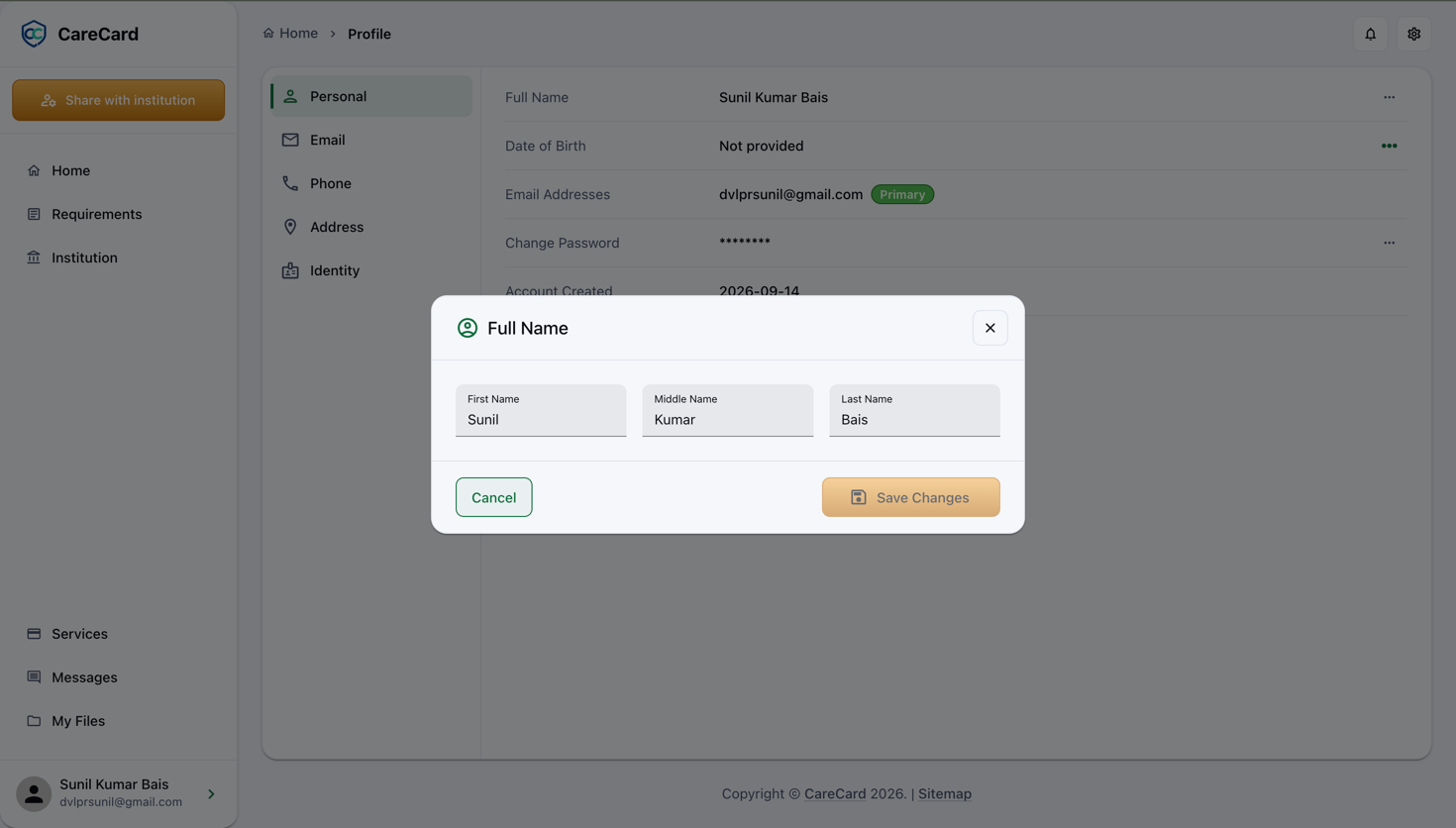 Full Name dialog with First Name, Middle Name, and Last Name fields and a Save Changes button