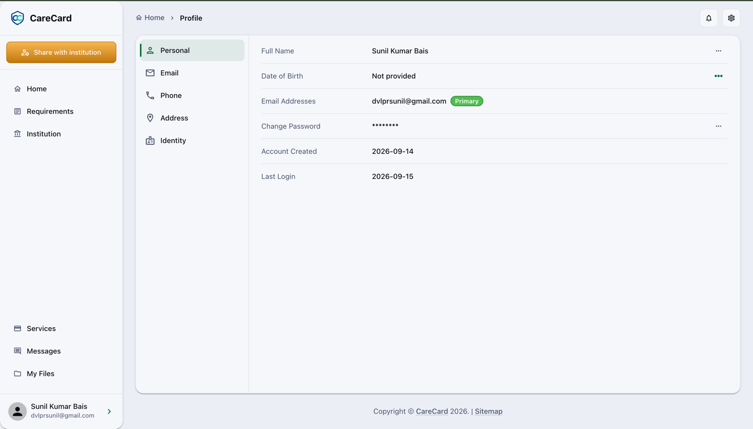 CareCard Profile page on the Personal tab, showing Full Name, Date of Birth, Email Addresses, Change Password, Account Created, and Last Login