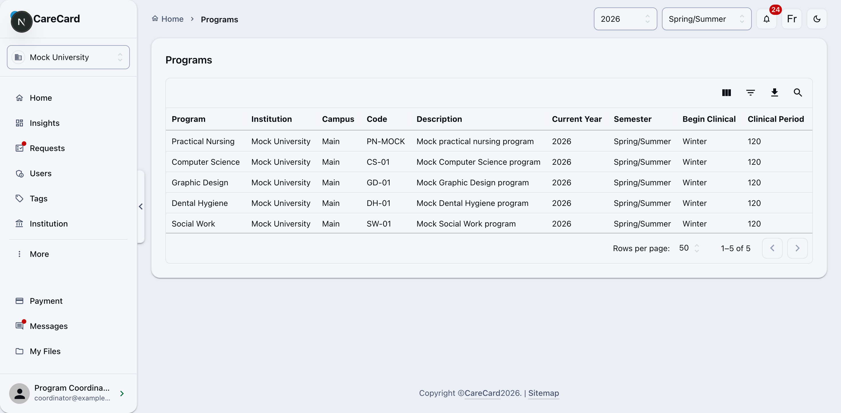 Programs page listing programs with their code, description, year, semester, clinical period, and status