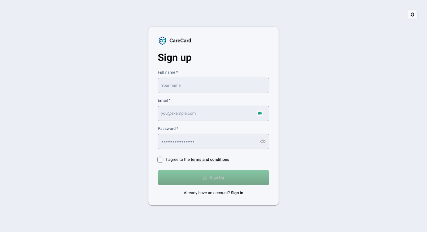 Empty CareCard sign-up form with Full name, Email, and Password fields, an agreement checkbox, and a disabled Sign Up button