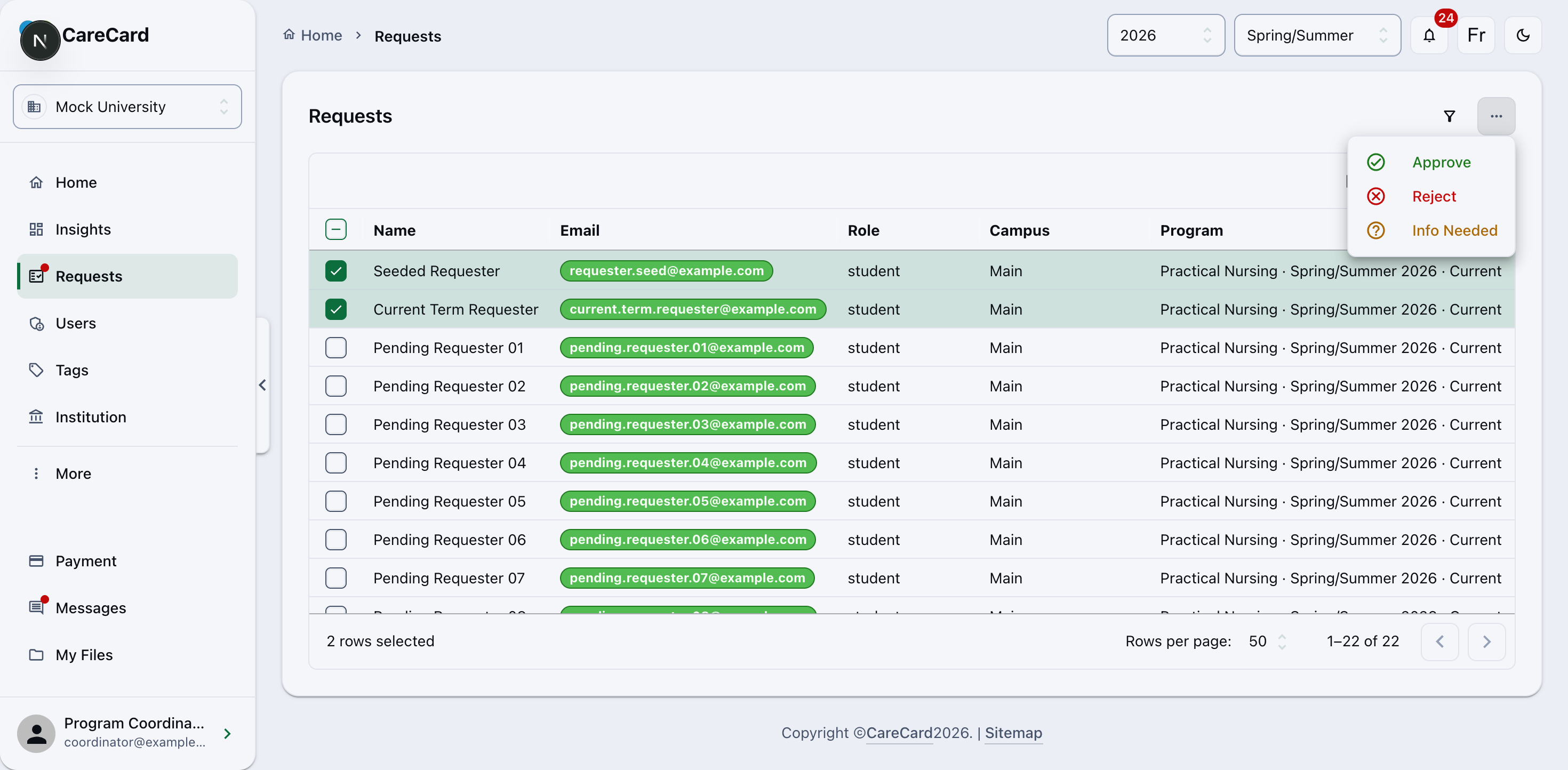Action menu open on selected requests, showing Approve, Reject, and Info Needed