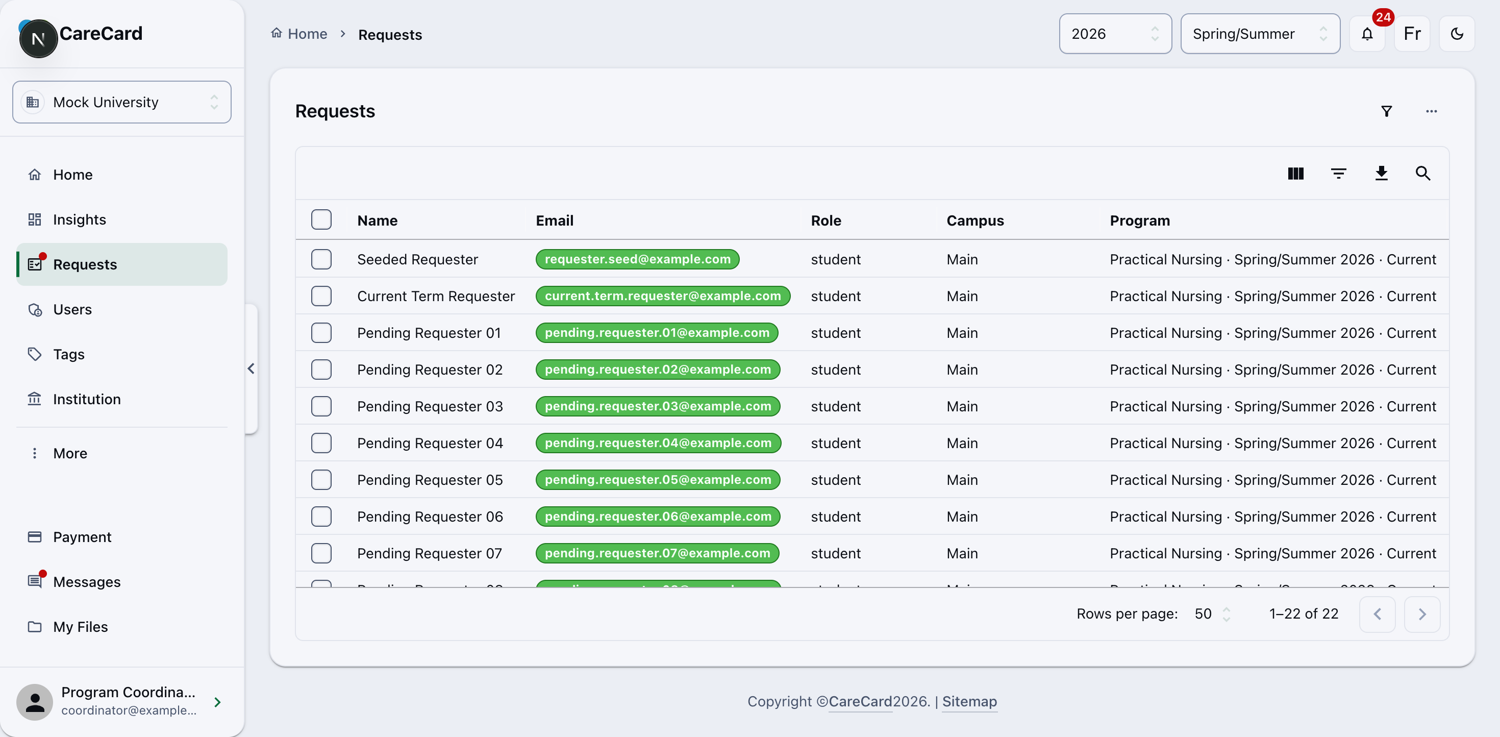 Requests page listing pending access requests with green email chips, role, campus, and program-term columns