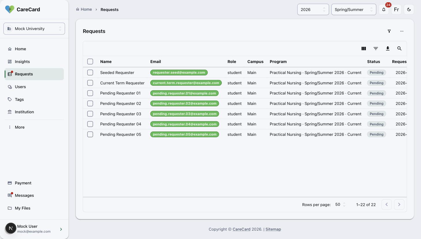 Requests page listing pending access requests with green email chips, role, campus, and program-term columns