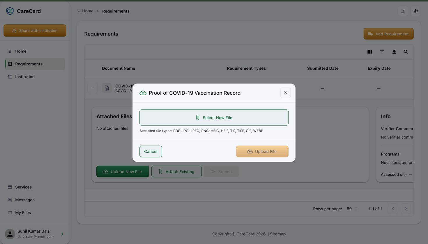 Upload dialog for a requirement, with a Select New File button, the accepted file types, and Cancel and Upload File buttons