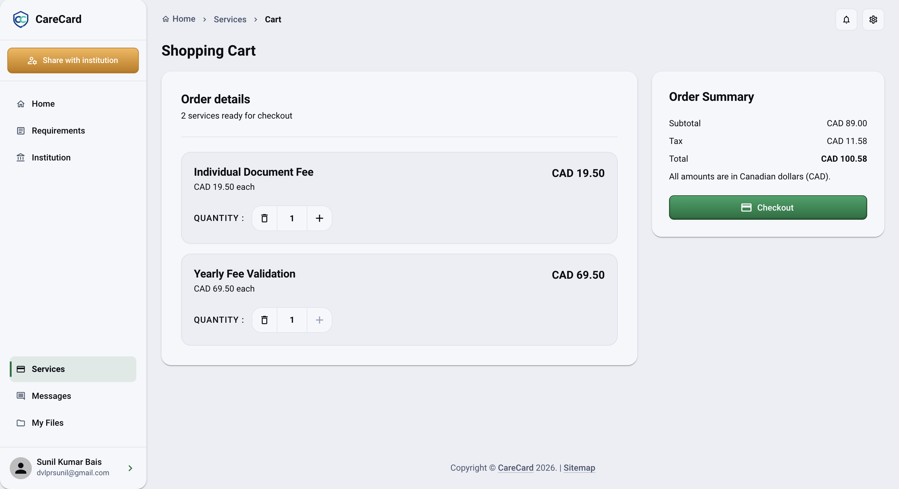 Shopping Cart page with Individual Document Fee and Yearly Fee Validation as separate cards, each with a quantity stepper, and an Order Summary panel showing Subtotal, Tax, Total, and Checkout