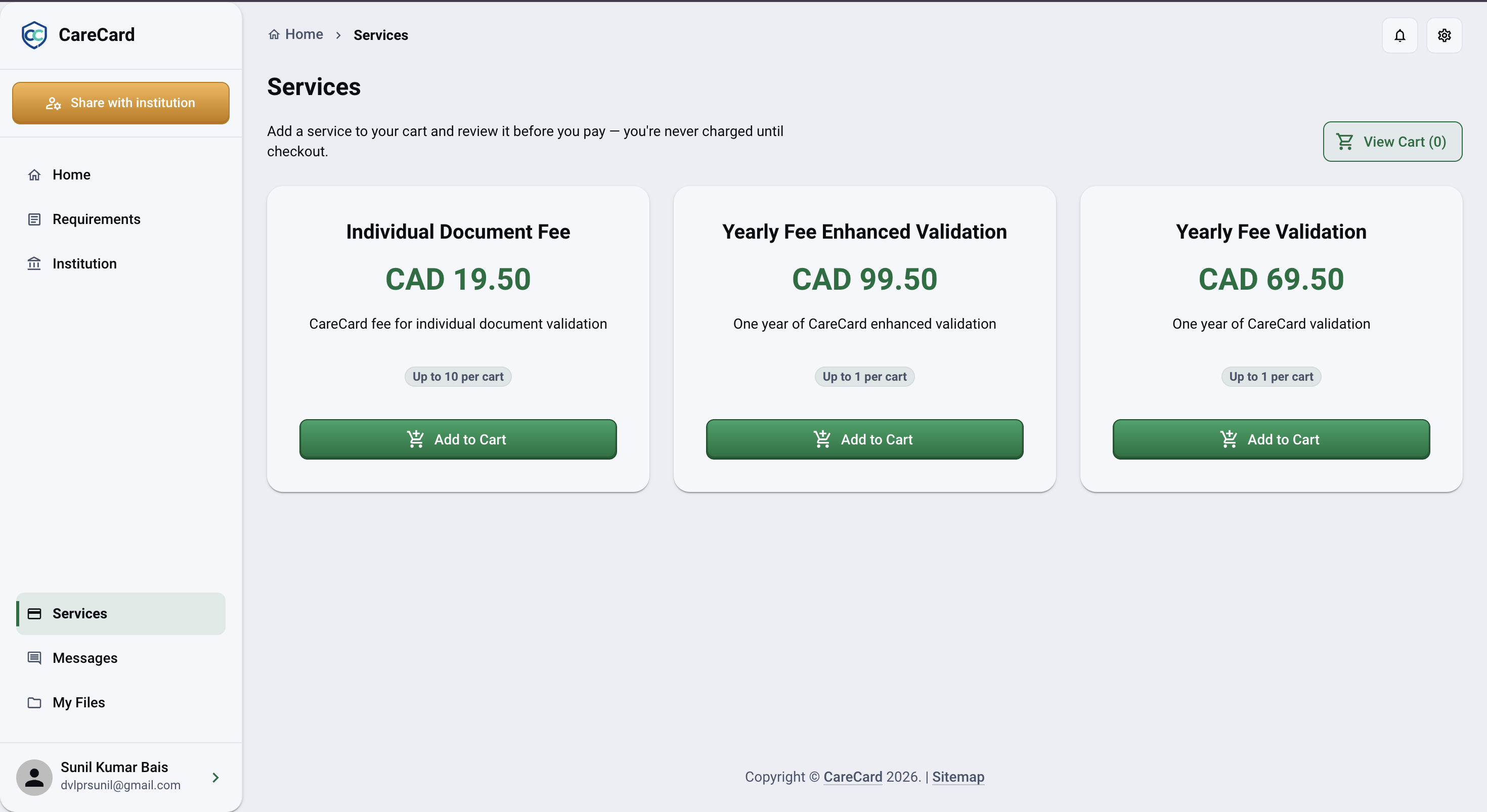 Services page with three service cards — Individual Document Fee, Yearly Fee Enhanced Validation, and Yearly Fee Validation — each showing its price and an Add to Cart button, with View Cart above them