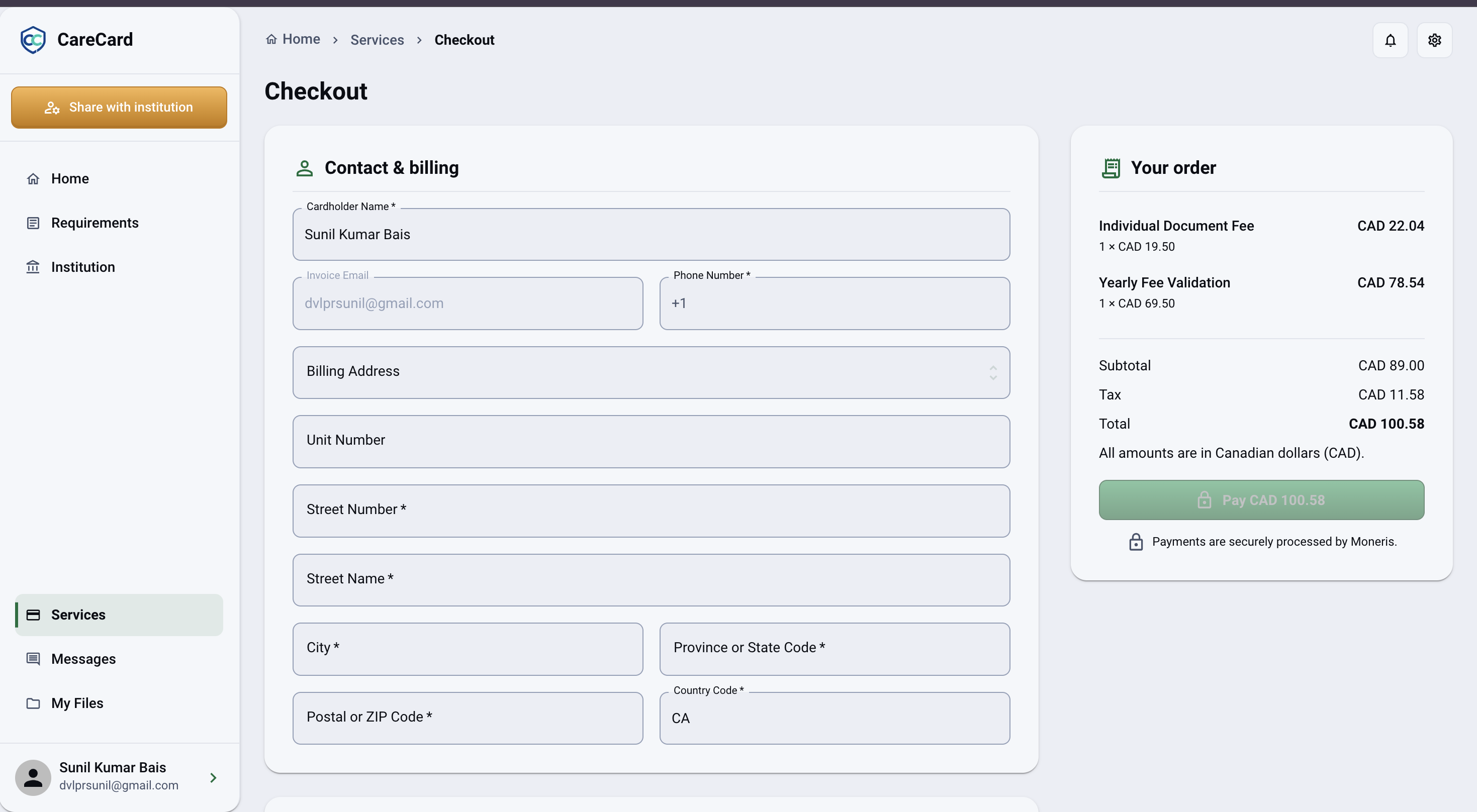 Checkout page with Cardholder Name, Invoice Email, Country Calling Code, Phone Number, and Billing Address fields down to Province or State Code