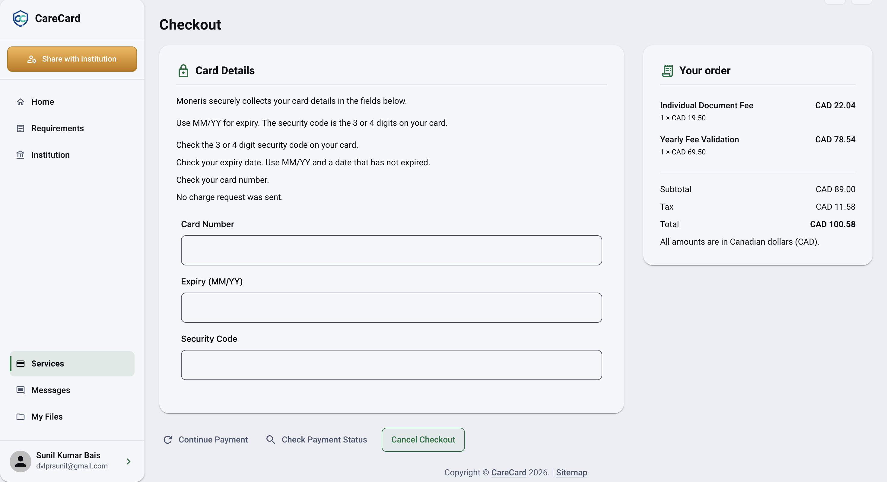 Card Details step of an in-progress checkout, with Continue Payment, Check Payment Status, and Cancel Checkout below it