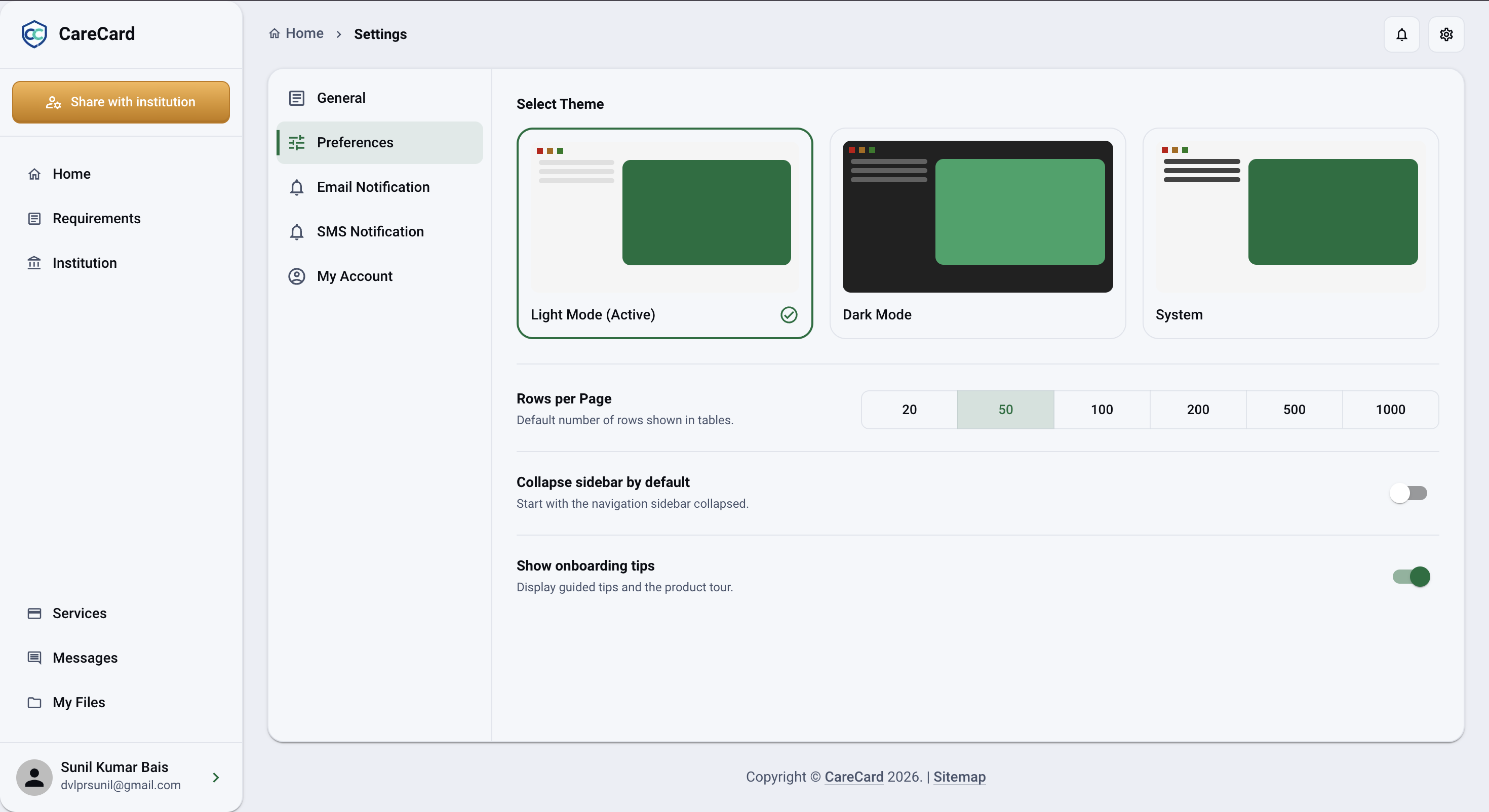 Settings page on the Preferences tab showing Select Theme, Rows per Page, Collapse sidebar by default, and Show onboarding tips