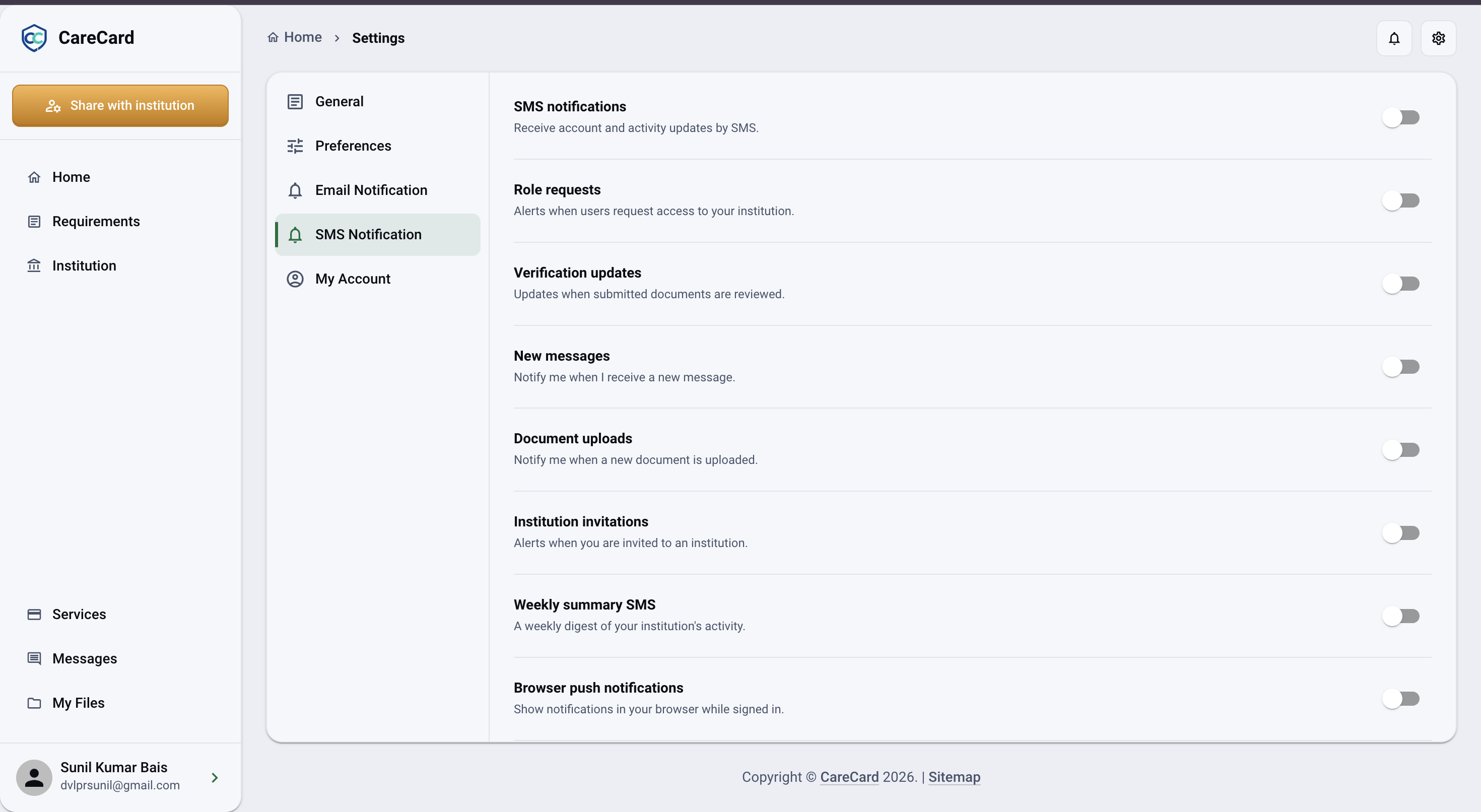 SMS Notification tab mirroring the same switches for SMS, with Max Number of SMS per day and per week