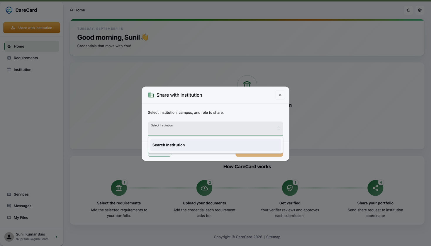 Share with institution dialog with Select Institution and Search Institution fields