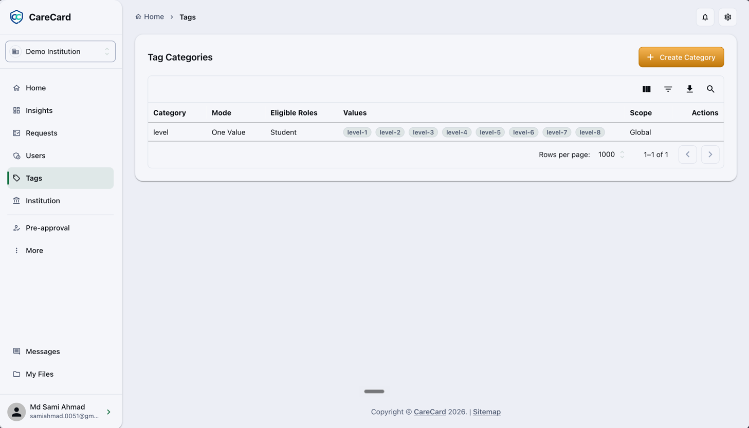 Tags page showing the Tag Categories table with a level category, its values level-1 through level-8, One Value mode, Student eligible role, and Global scope