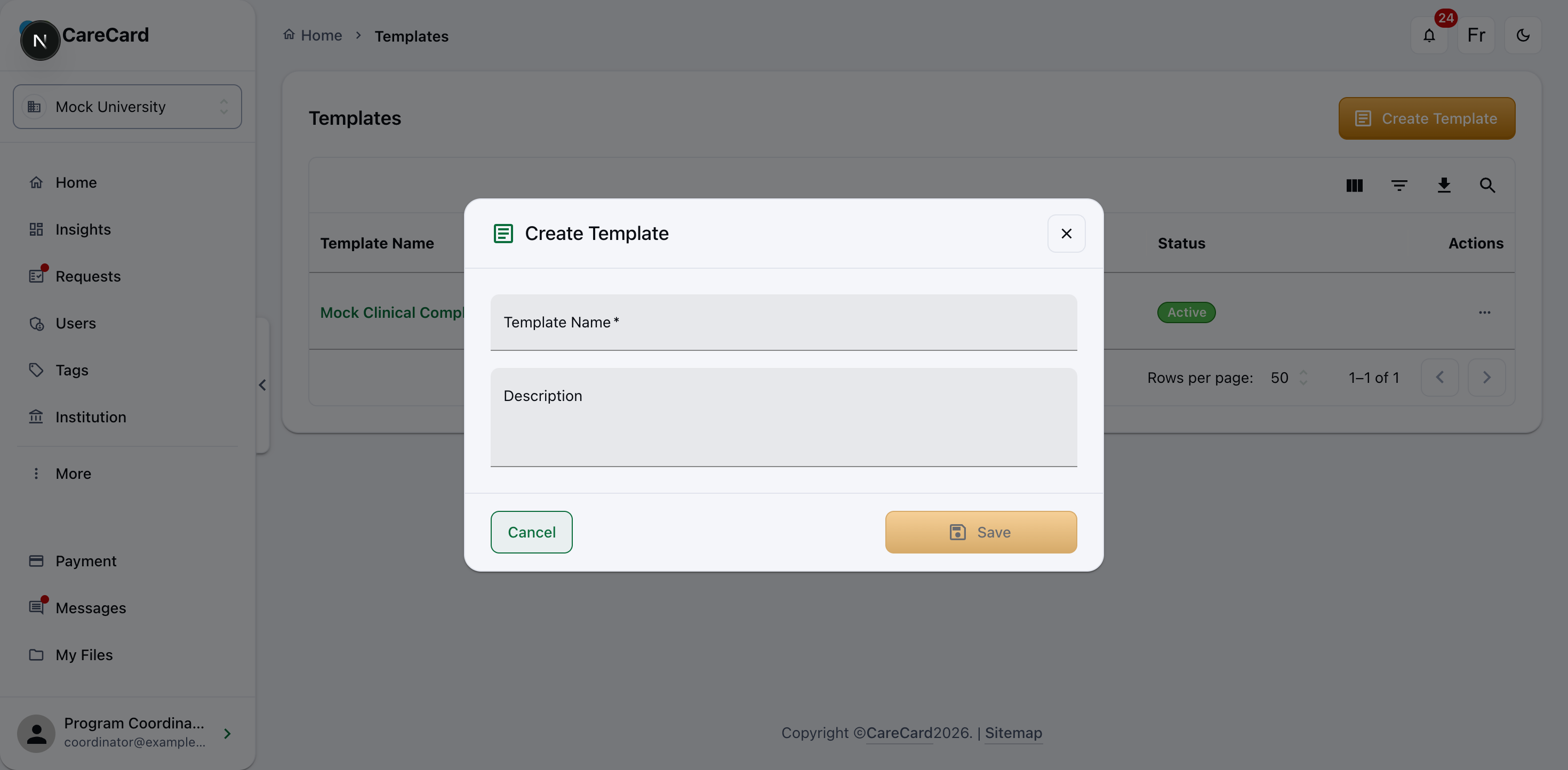 Create Template dialog with Template Name and Description fields