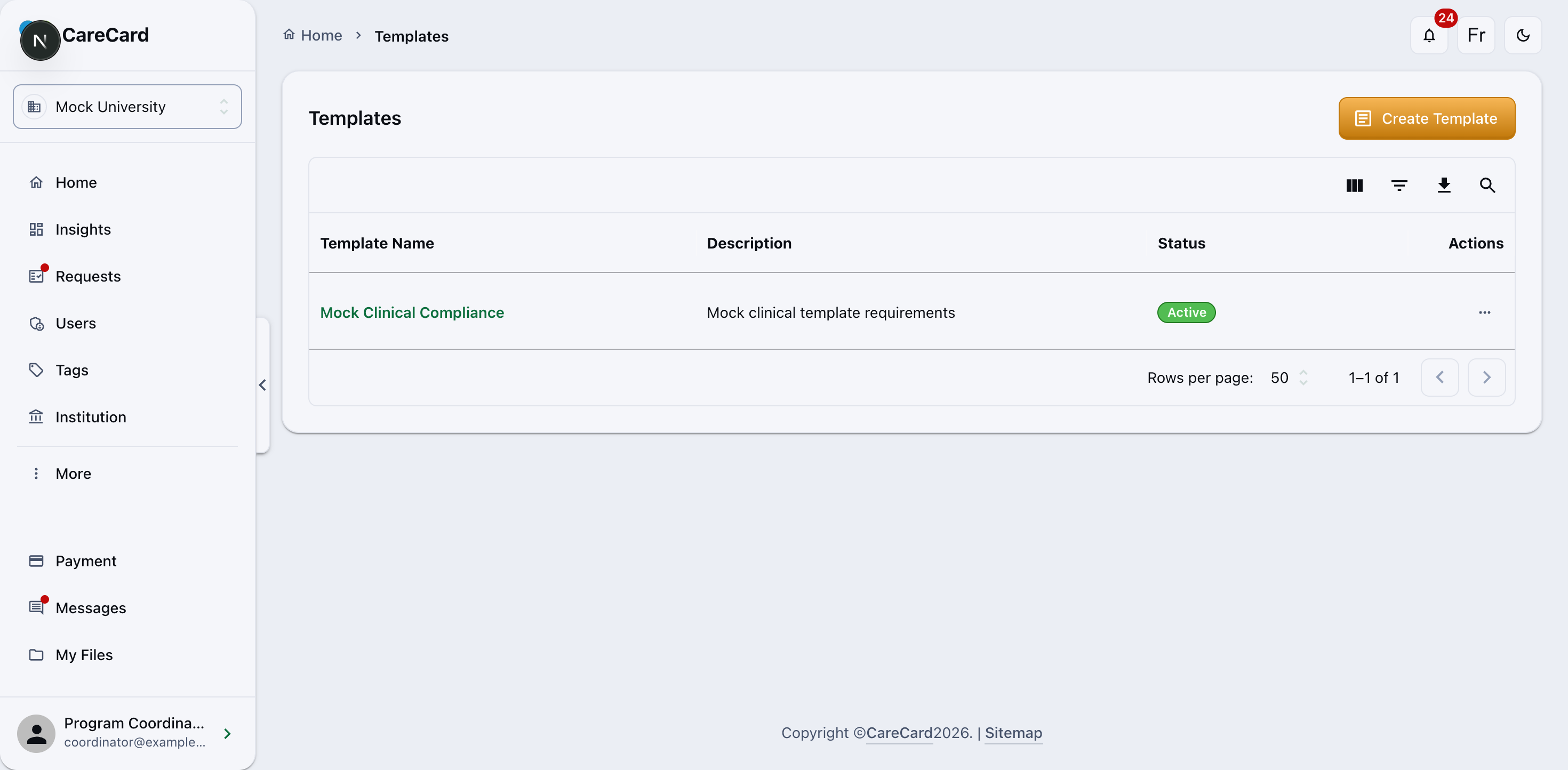 Templates page listing Mock Clinical Compliance with its description and Active status