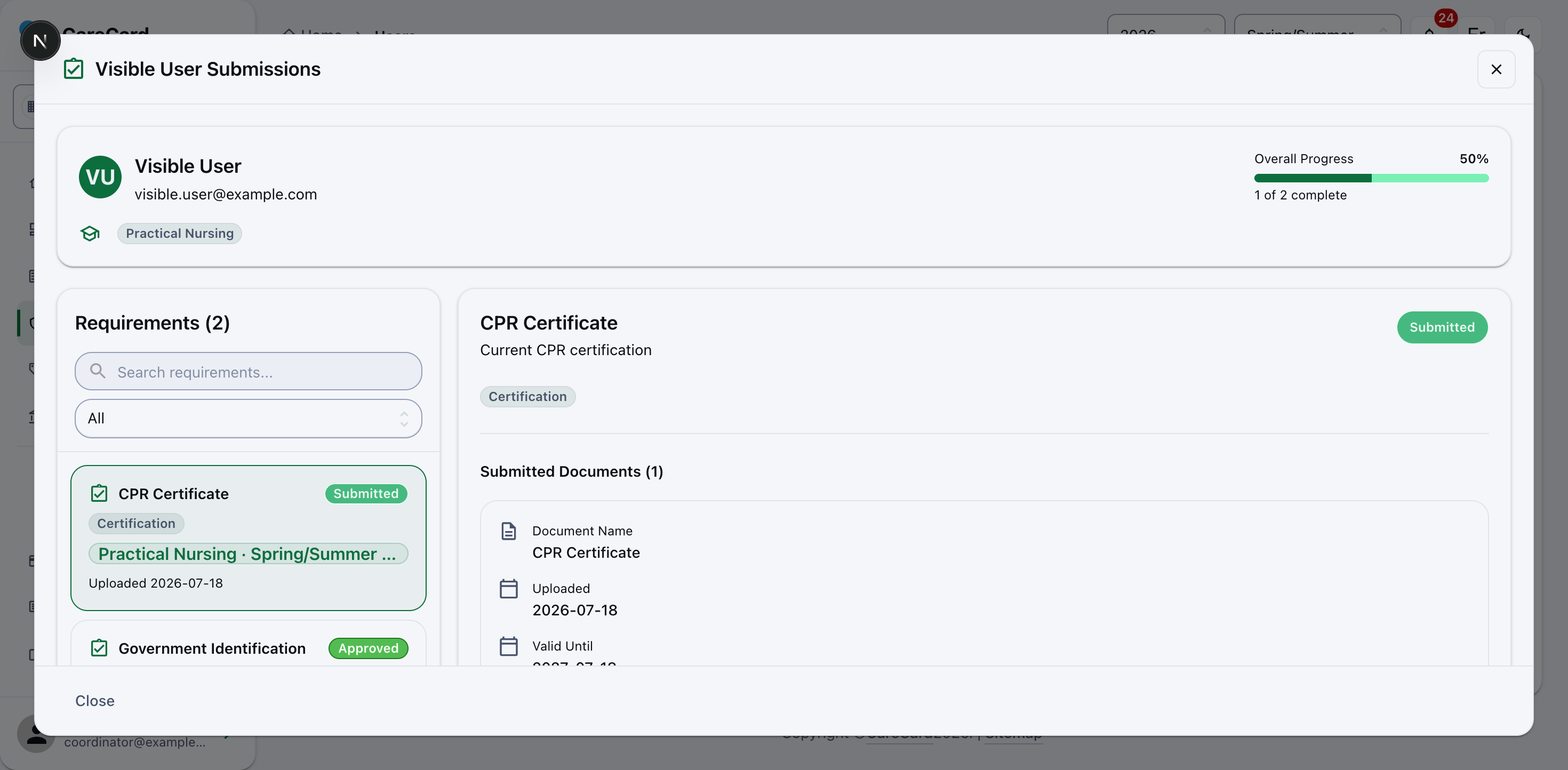 Student submissions panel showing Overall Progress, the requirements list with status chips, and the selected document with its uploaded and valid-until dates, notes, and attached file