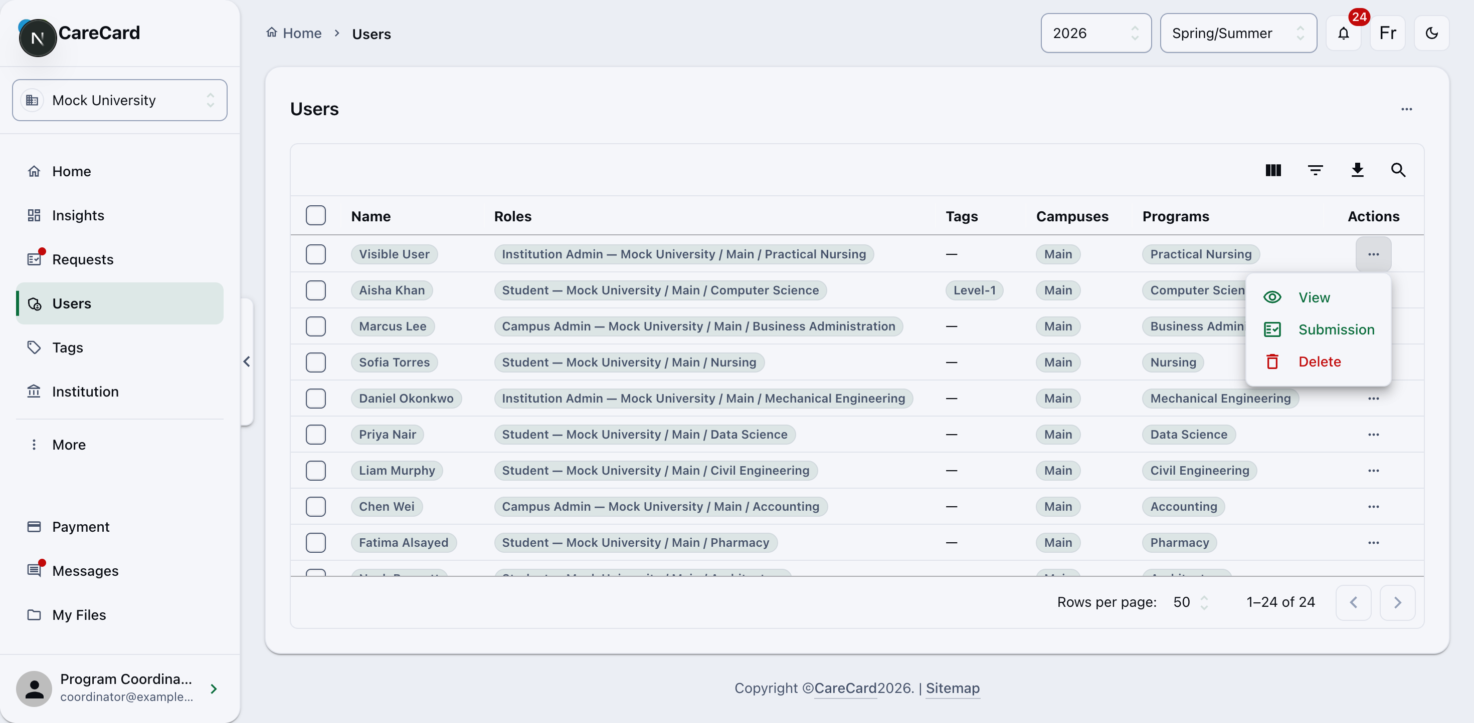 Users page with a row's action menu open, showing View, Submission, and Delete